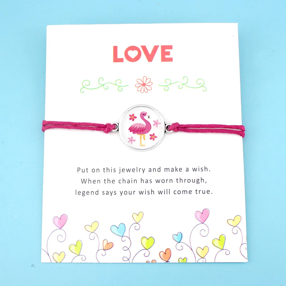 

Flamingos Charm Card Bracelets Unicorn Horse Animal Heart Love Jewelry Pink Wax Cords Suede Women Men Girl Boy Unisex Gift