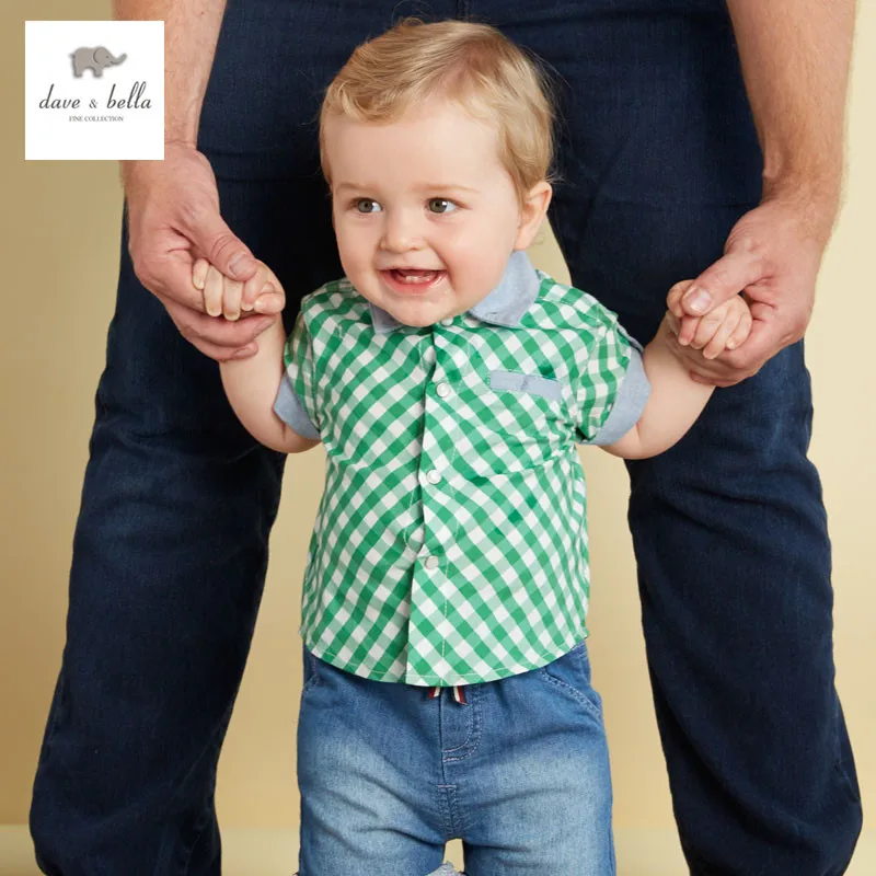 DB3060 dave bella summer baby boys green shirt boys fashionable font b tartan b font cotton