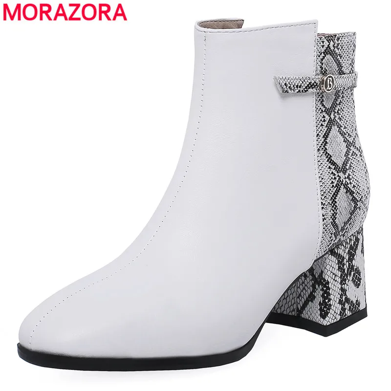 MORAZORA/ г., новые модные разноцветные женские ботинки из змеиной кожи осенне-зимние ботинки на высоком квадратном каблуке модные зимние ботильоны на платформе