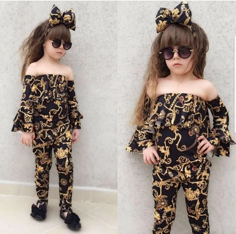

Children's wear suit female summer girl shoulder print top + jeans + head boutique kids clothing Flare Sleeve Full Streetwear