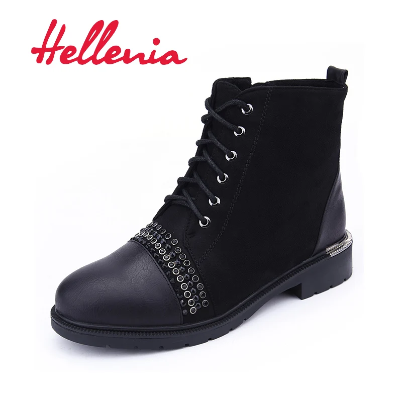 

Hellenia Boots Women Ankle Boots Autumn Spring 2018 Fashion Lace-up Martin Boots Black Short Boot Short Plush Square Heel Shoes