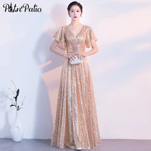 Золотые вечерние платья Длинные элегантное ТРАПЕЦИЕВИДНОЕ вечернее платье в пол с v-образным вырезом и блестками с короткими рукавами размера плюс