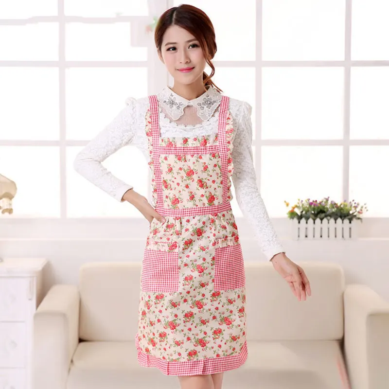 Dropshipping Women Apron with Pockets Waterproof Plaid Print Kitchen Double Layer Thick Cloth Home Supplies MDP66