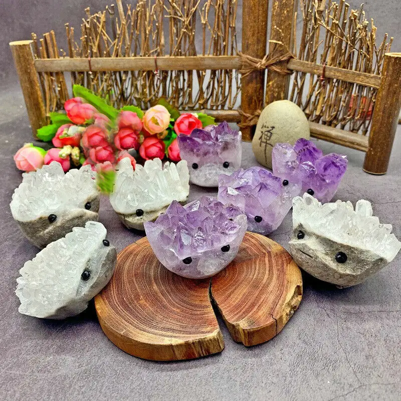 

Wholesale 2 Kinds White Purple Crystal Hedgehog Cluster Carved Handmade Crystal Animal Gemstones Natural