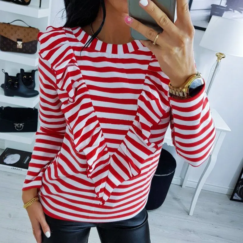 

Long Sleeve Shirt Black Red Striped Tees Korean Style Women Clothes O Neck Lace Ruffles Tshirt Fashion Tops Streetwear