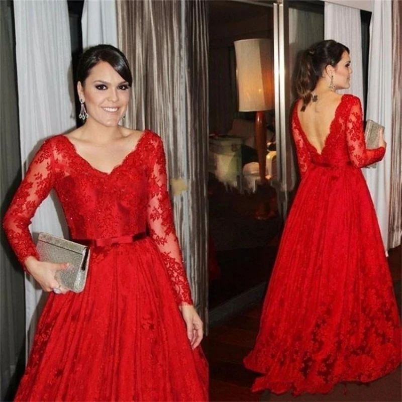 

2019 Newest V-neck Red Long Sleeve Evening Dresses Prom Dresses 2019 Lace Formal Evening Gowns Backless Vestido De Noche