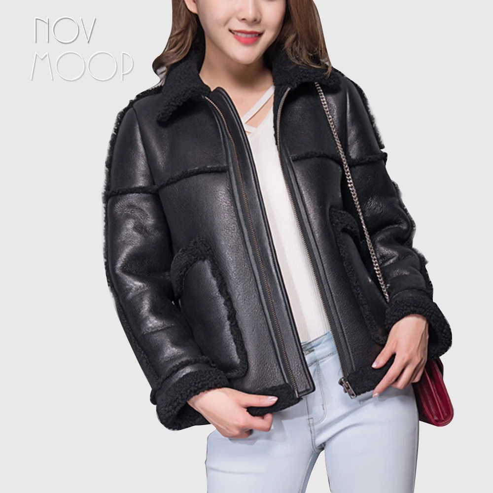 Winter warm women black genuine leather real lambskin shearling
