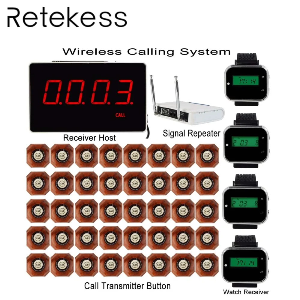 

Waiter Calling System Wireless Restaurant Pager 1 Receiver Display+4 Wrist Watch Receiver +RF Extender 433MHz+40 Call Button