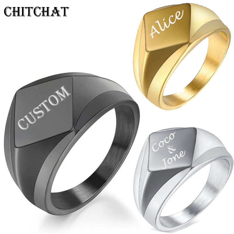 Custom Engraved Name Rings For Men Laser Letter Rhombus Rings 316L Stainless Steel Wedding Rings Personalized Gifts fashion rose gold make you rich lucky cat 316l stainless steel women wedding rings engagement small pendant accessories jewelry