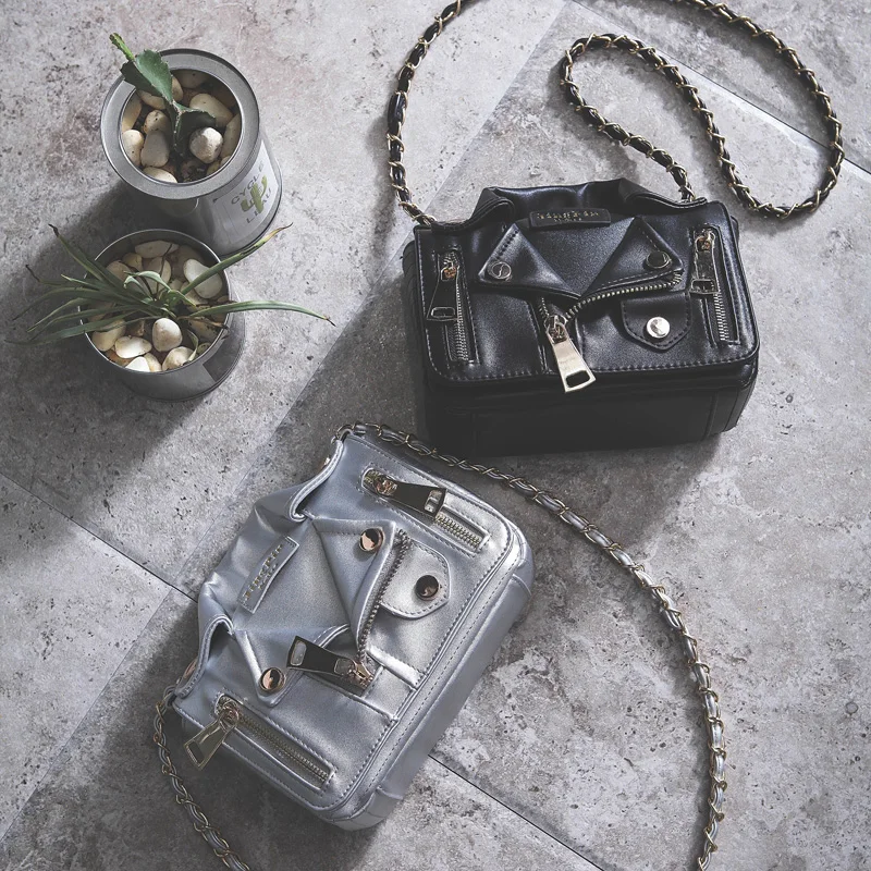 

Designer Cool Jacket Shaped Punk Motobike Silver Women Shoulder Bag Mini Crossbody Bag
