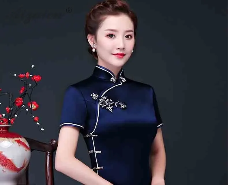 Весна глубокий синий длинный Cheongsam современная мама тонкий Qi Pao платья женское традиционное китайское платье Qipao оригинальный вечернее