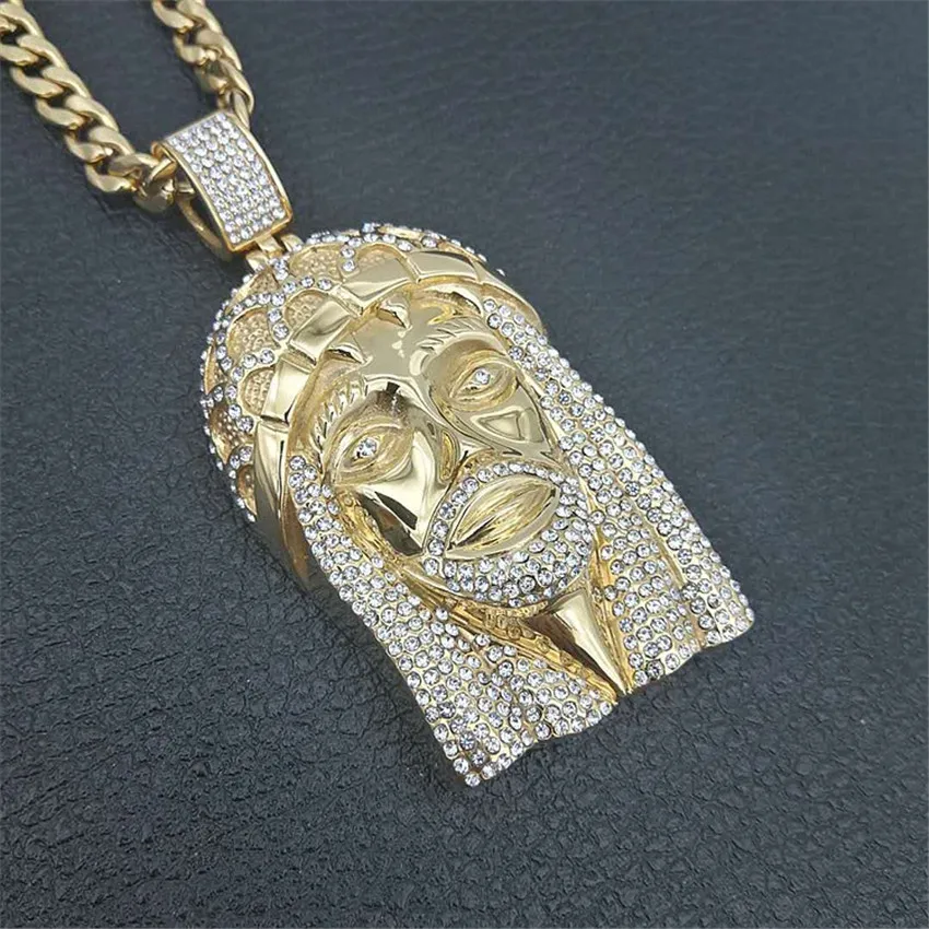 Хип-хоп мужчины Золотой цвет Iced Out Bling Стразы из нержавеющей стали большой кусок ожерелья с изображением Иисуса Христа Подвески с цепочками Vogue ювелирные изделия