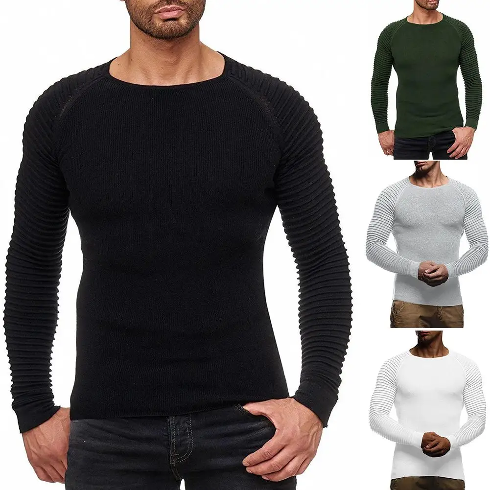 

Fashion New Men Solid Color Slim Fit Ruffle Long Sleeve Warm Sweater Boys Long Sleeve Muscle Knitwear Casual Sweater