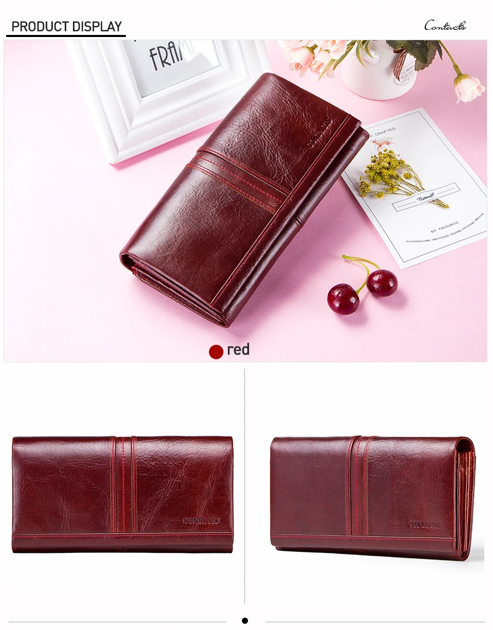 Contact's Genuine Leather Wallet Women Wallet Credit Card Holder Female Purse Organizer Walet Women Clutch Bag Red Green Long