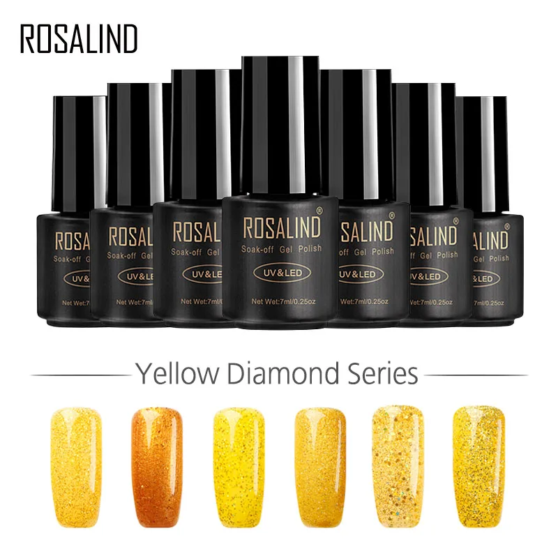 

ROSALIND Gel 1S YELLOW Diamond 7ML Color Glitter Nail Gel Polish Led UV Soak-off Nail Art Set Kits Base Top Coat Gel Varnish