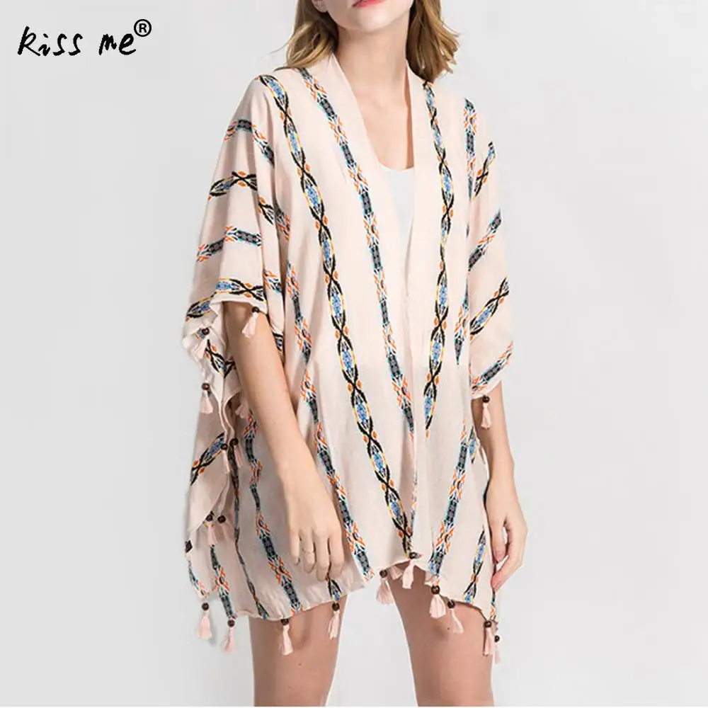 Striped Chiffon Female Cardigan Pink Beach Cover Up Women's Tunic with Tassels Beachwear Cover