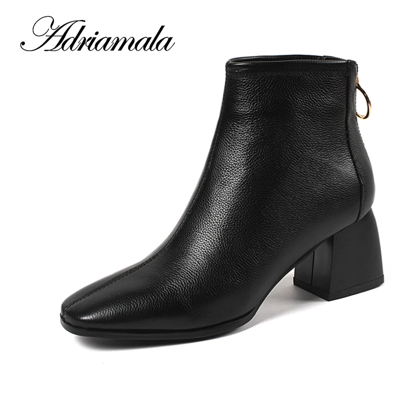 

2018 Genuine Leather Ladies High Heel Boots Round Toe Square Heel Zipper Cow Leather New Ankle Boots Women Fashion Adriamala