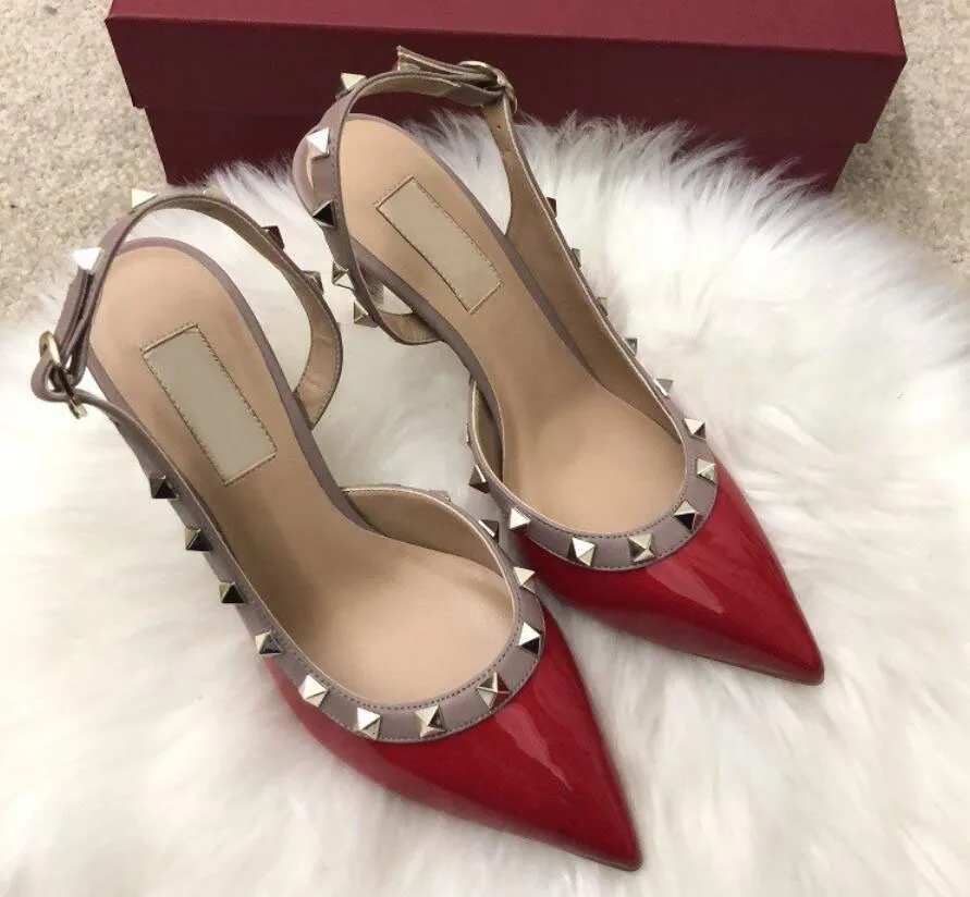 

Designer Pointed Toe with Studs high heels genuine Leather rock rivets Sandals Women Studded Strappy Dress Shoes slingbacks