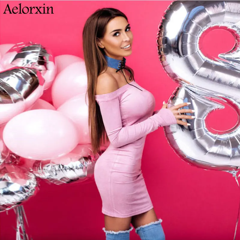Женское Замшевое платье Aelorxin с длинным рукавом и открытыми плечами Осень зима 2019