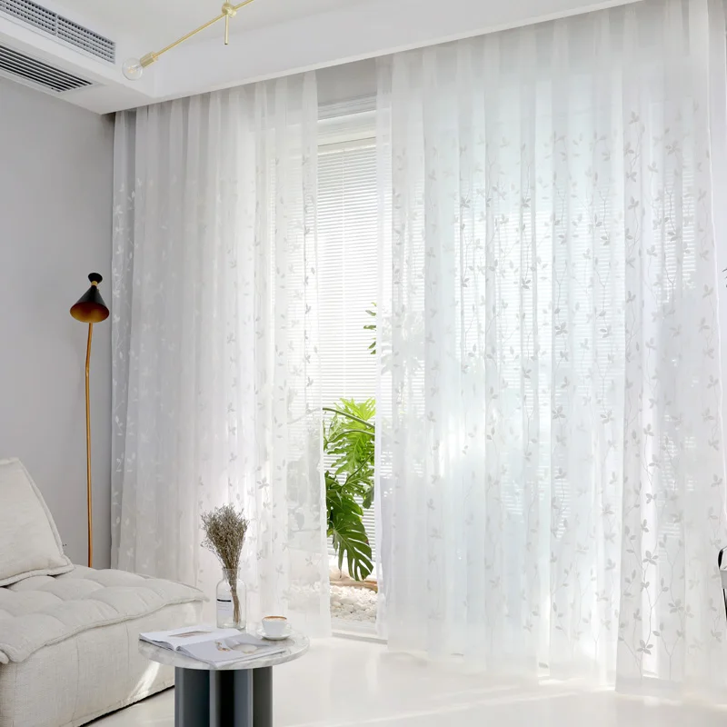 CITYINCITY White Embroidered Curtains for Living room Pastoral Style leaf Tulle for bedroom Soft Tulle for kitchen Customized