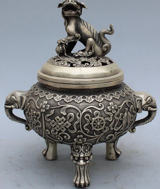 

10" Marked Chinese Tibet Silver 8 Auspicious Symbol Lion Elephant incense burner R0707