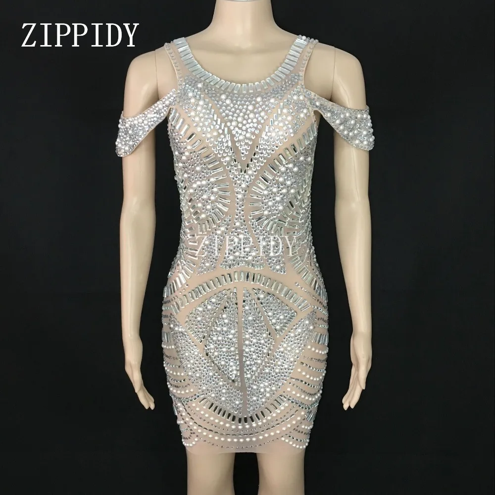 

Silver Glisten Rhinestones Mesh Dress See Through Nightclub Party Outfit Female Singer Stage Clothes Birthday Celebrate Dress
