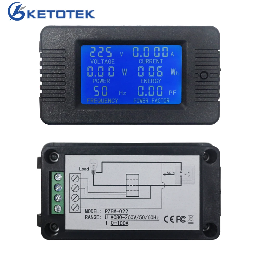 

80~260V 100A AC Voltmeter Ammeter Energy Active Power Meter Frequency Power Factor Current Panel Detector LCD Blue Backlight