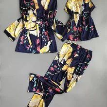 Осенняя Женская шелковая пижама из 3 предметов, пижамный комплект, ночная рубашка