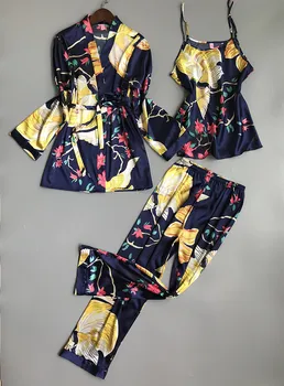 

3 Pieces Autumn Women's High Silk Sleepwear Pajama Set Nightwear