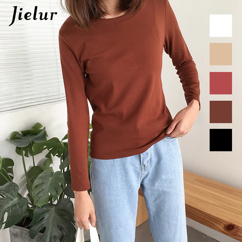 Jielur 5 Solid Color Hipster Long Sleeve Tshirt Women White O Neck Basic Tshirt Feminina Simple Korean Style Vetement Femme