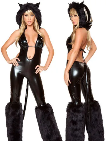 

Sexy Women Latex Catsuit Faux Leather Bodycon Fetish Jumpsuit Black PVC Bodysuit Open Bust Halloween Cat Women Costume