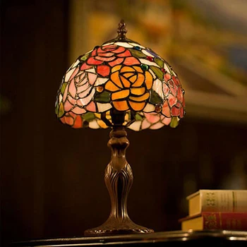 

Stained Glass Red Rose Flower Wedding Marriage Living Drawing Room Decorative Small LED Bedside Desk Table Lamp Light Decoration