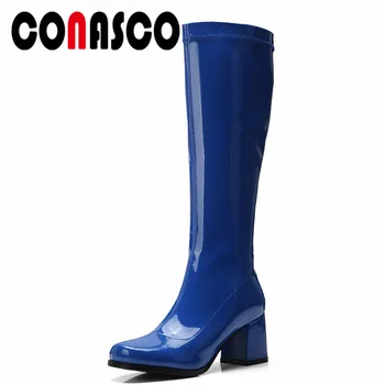 

CONASCO Brand Women Knee High Boots Sexy Square Toe Long Warm Motorcycle Boots Dancing Shoes Woman High Martin Shoes Pumps