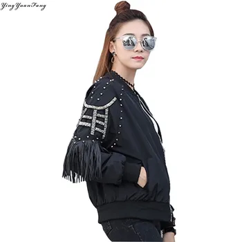 

YingYuanFang spring new European style fashion rivet tassels heavy long-sleeved baseball uniform jacket sleeve cardigan bat