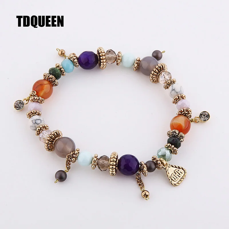 High Quality Crystal Beads Stretch Bracelet Gold color Bohemian Dangle Beads Charm Natural Stone