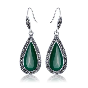 

High quality female jewelry 925 sterling silver natural green Chalcedony women cute water drop shape long earrings retro Bohemia