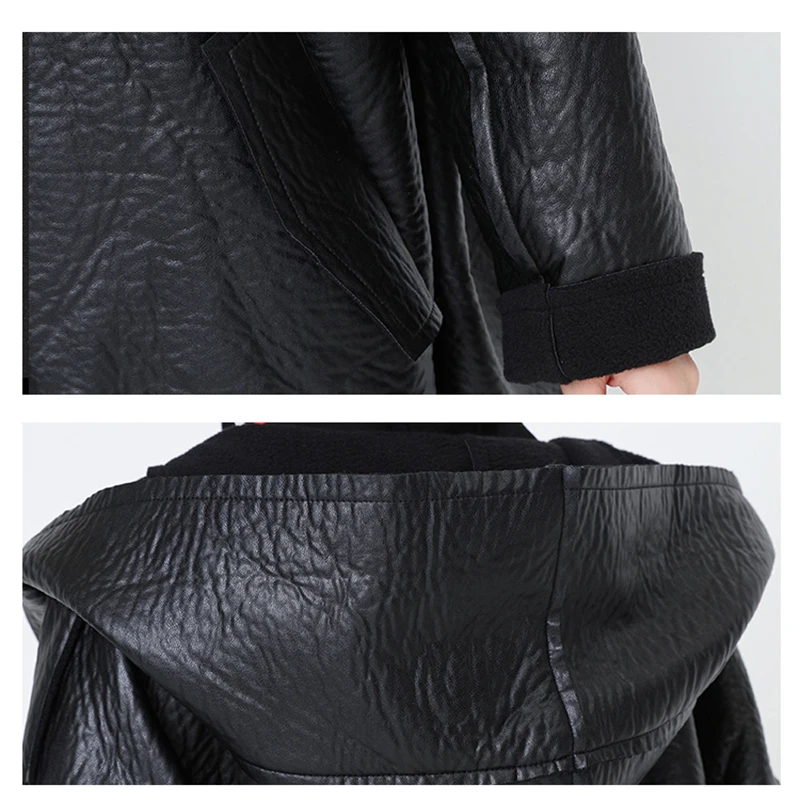 [EAM] 2019 New Spring Hooded Long Sleeve Black Pocket Split Joint Thicken PU Leather Jacket Women Coat Fashion Tide JG637