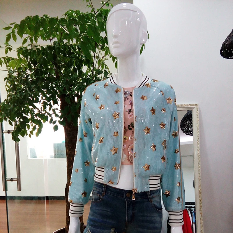 Paillettes Veste Fermetures O Glissière À Manches Blue Manteaux Manteau Jacket Bomber Outwears Light Femmes Longues Base 2017 Poches Vestes Broderie Sy1266 Jackets Cou gray A534RjL