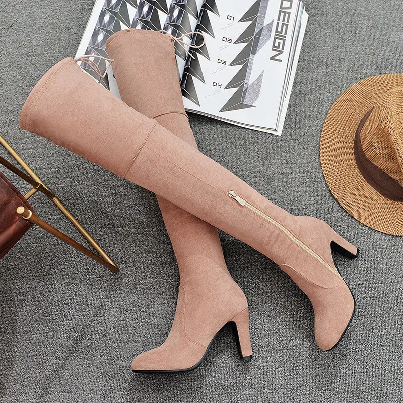 

2018 Women Plus Size 43 Over The Knee 8cm High Heels Block Heels Boots Female Winter Fall Black Long Knight Boots Ladies Shoes