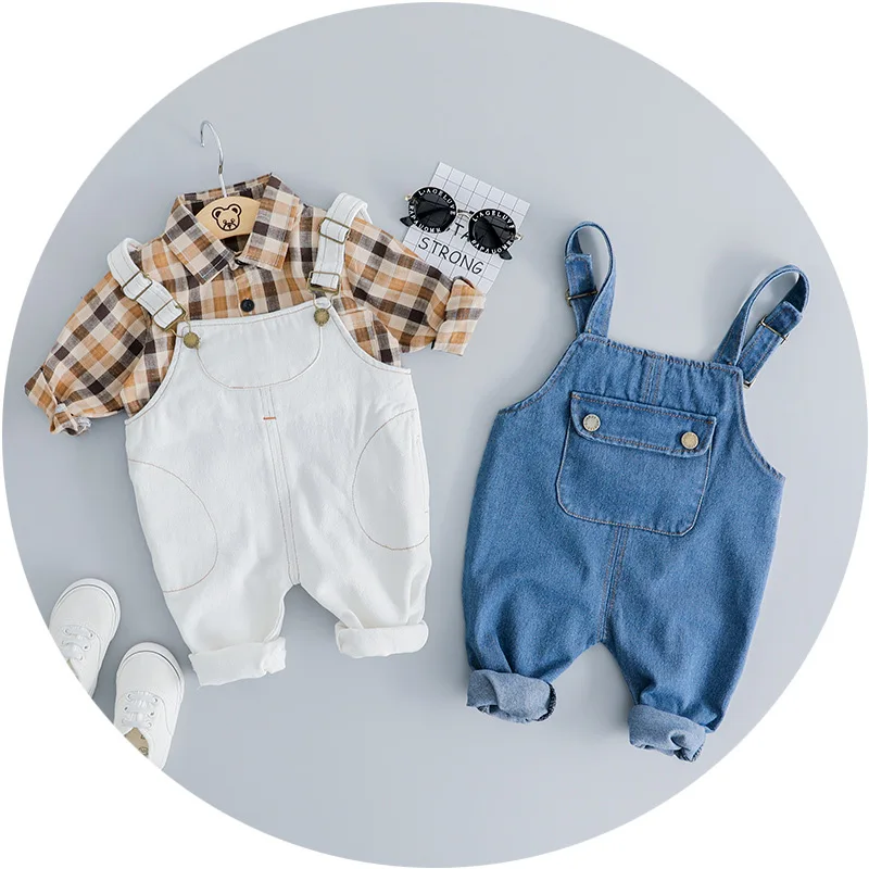 

Newborn Baby Boy Clothes Set Spring Summer Plaid Shirt + Jeans Suspenders Pants 2Pcs Gentleman Infant Toddler Boys Clothing Jas