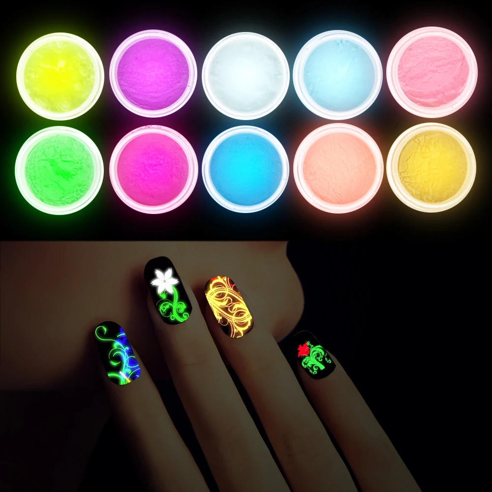 10Pcs/set Fluorescent Luminous Nail Powder UV Gel Polish Glow In The Dark Glitter 3D Nail Art