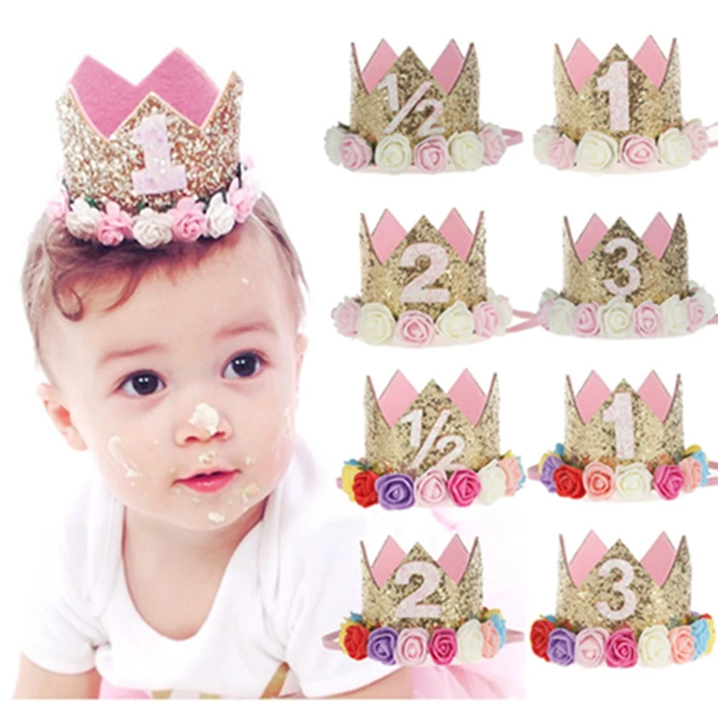 Наряд для девочек первый день рождения 1st цветок блестящие Принцесса Корона маленьких розовый белый фиолетовый праздничный колпак торт