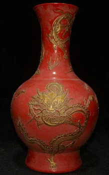 

11"China Red Glaze Porcelain Gilt Dragon Loong Flower Bottle Vase Wine Jar Flask