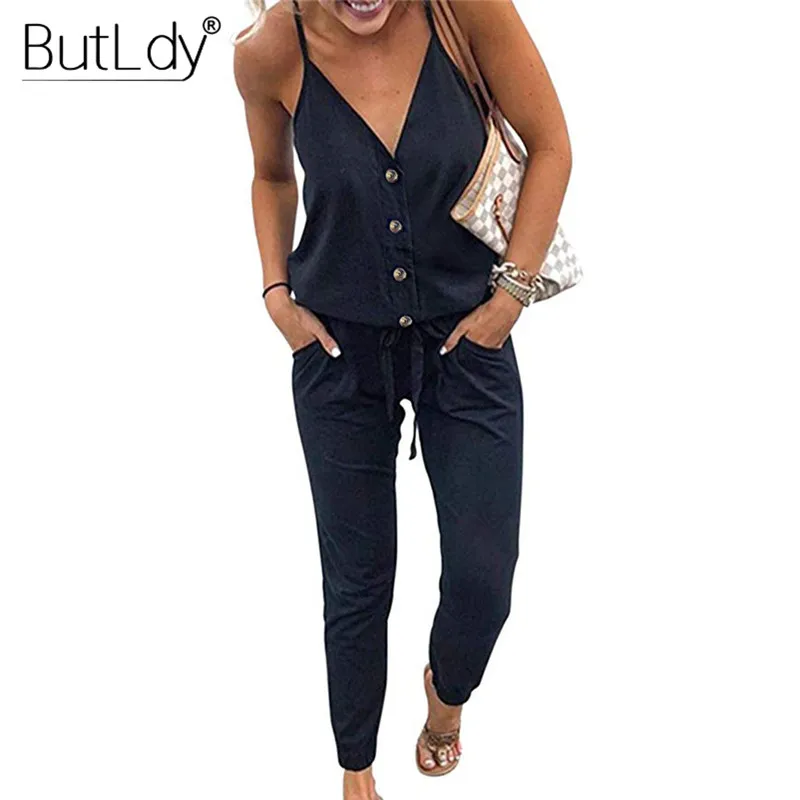 الصيف 2019 مثير بذلة النساء عميقة V الرقبة عارضة بذلة الصيف رومبير 2019 واسعة الساق ارتداءها فضفاض مكتب سيدة وزرة