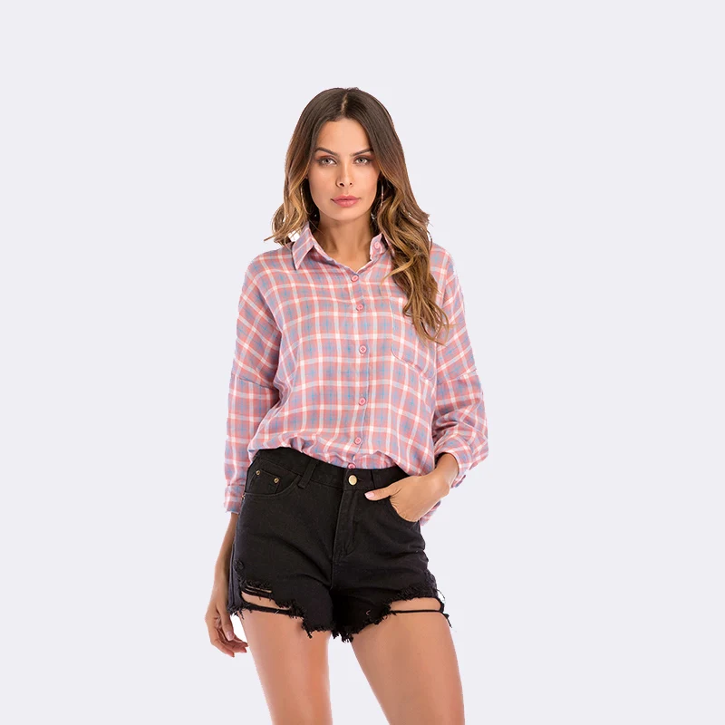 

SimAi Womens Tops And Blouses 2018 Spring Autumn Plaid Batwing Sleeve Turn-down Collar Shirts Casual Cotton Long Sleeve Blouse