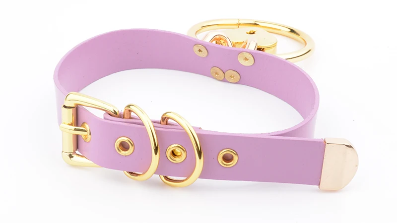 Punk Gothic Hand Crafted 100% Real Leather Choker 60mm O Round Gold Collar Kawaii Love Heart Necklace Women Lockable BDSM Choker 9