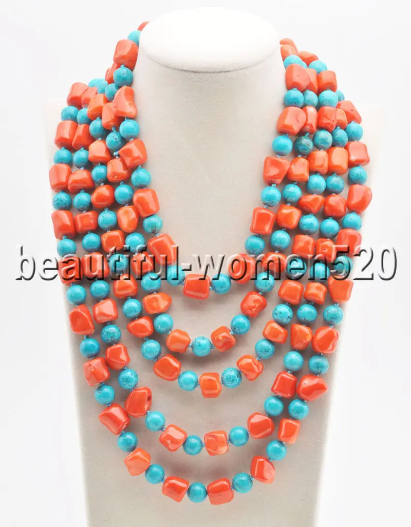 

Z8556 Long Pink Coral Blue Bead Necklace 100inch
