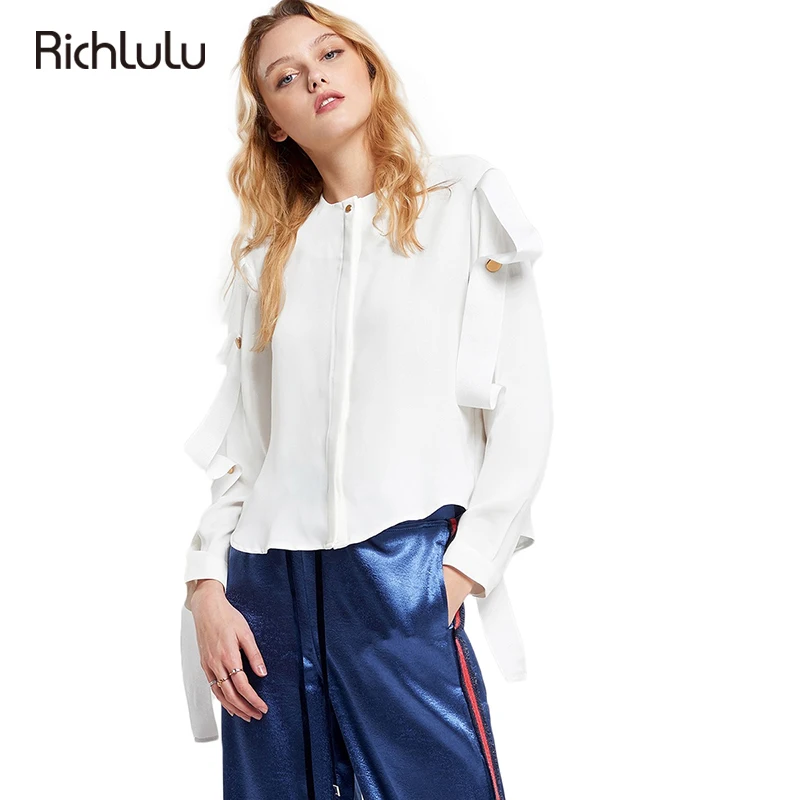 Richlulu Women Blouse 2017 New In Solid White Ruffle Sequined Button Shirts Lace Up Single Breast Casual S-2XL |