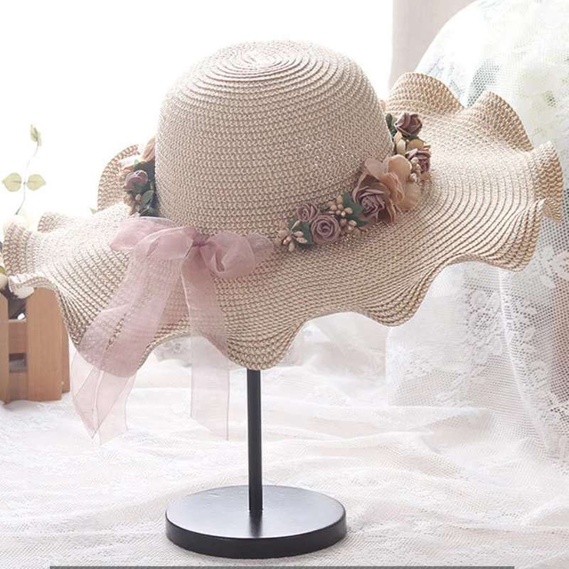 HT1689, корейский стиль, женские шляпы для лета, одноцветные, анти-УФ, с широкими полями, широкополая шляпа, Дамская цветочная гирлянда, пляжные шляпы, шляпа от солнца с волнистыми полями