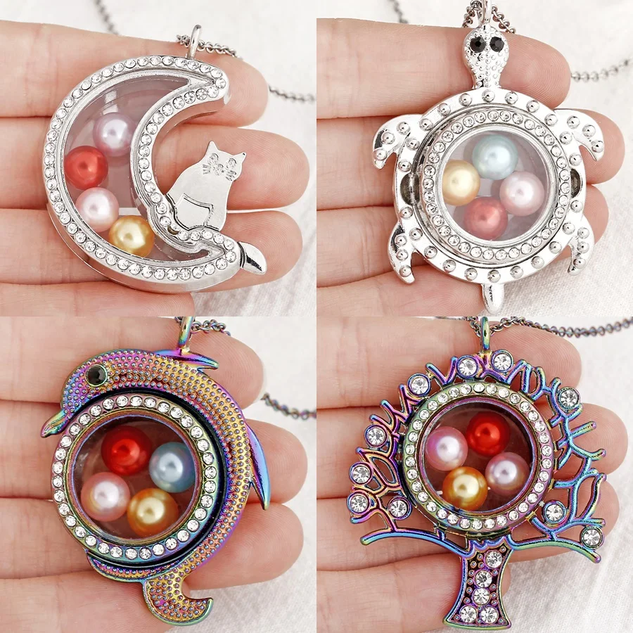 3colors Locket Pendant 50cm Steel Chain Moon Turtle Elephant Floating Glass Rhinestone Photo Necklace | Украшения и аксессуары